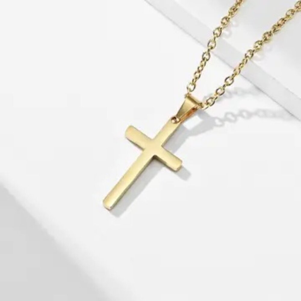 Mens Cross Charm Pendant Necklace in Stainless Steel - Gold Plated